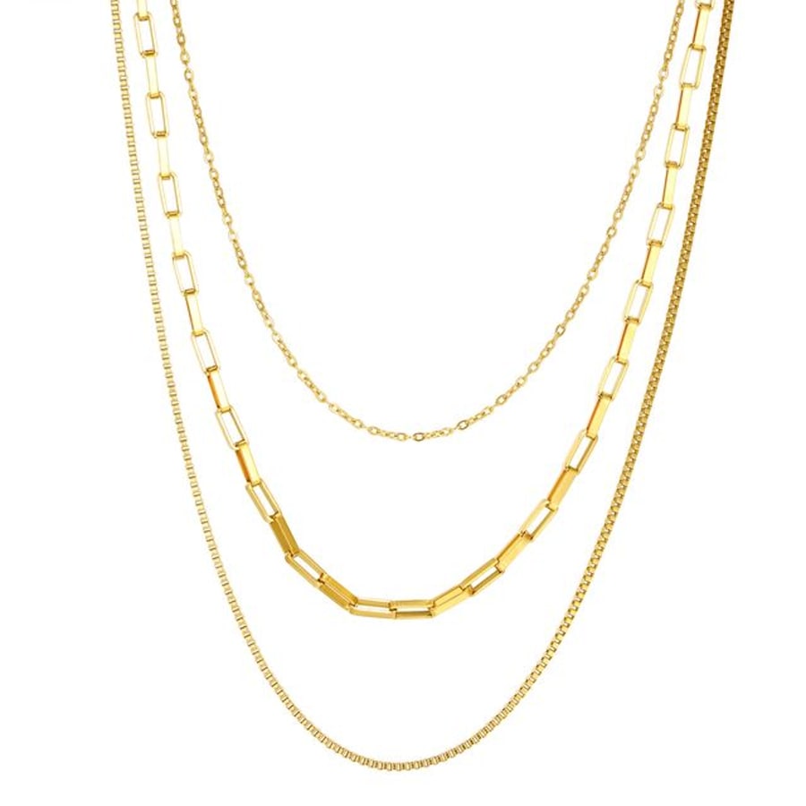 Hey Happiness Dreireihige Halskette aus Edelstahl mit geometrischen Gliedern Gold Hellbraun Damen