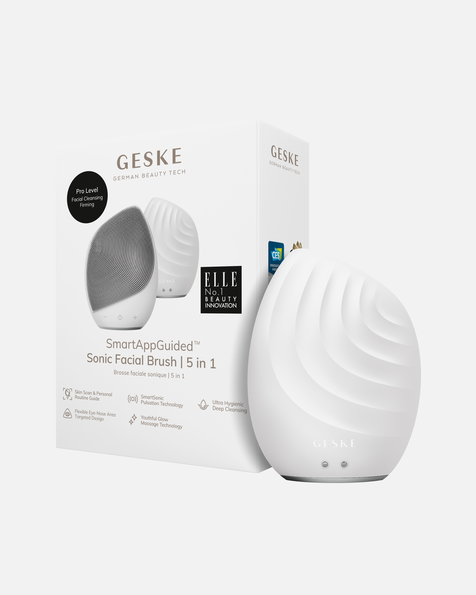 Elektrisches Gesichtsmassagegerät für Unisex Geske SmartAppGuided™ Sonic Facial Brush | 5 in 1 White