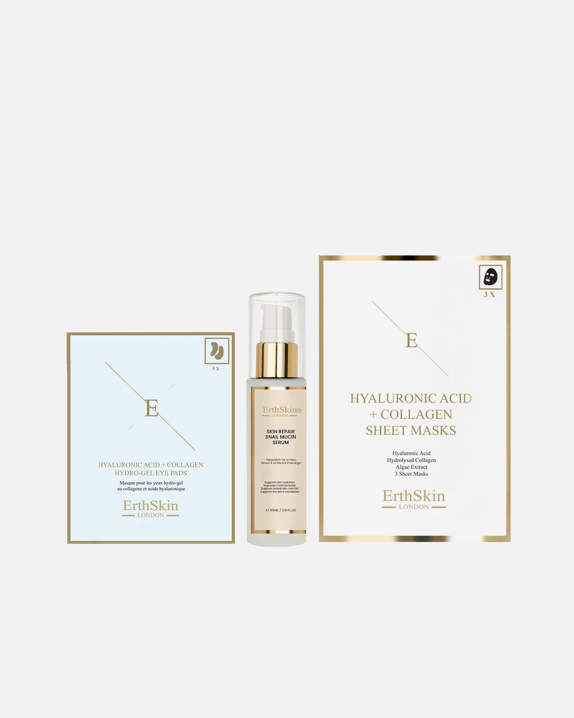 für Unisex ErthSkin London Hautpflege-Set mit Schneckenserum, Kollagen-Augenpads und Kollagenmaske 1 Stück