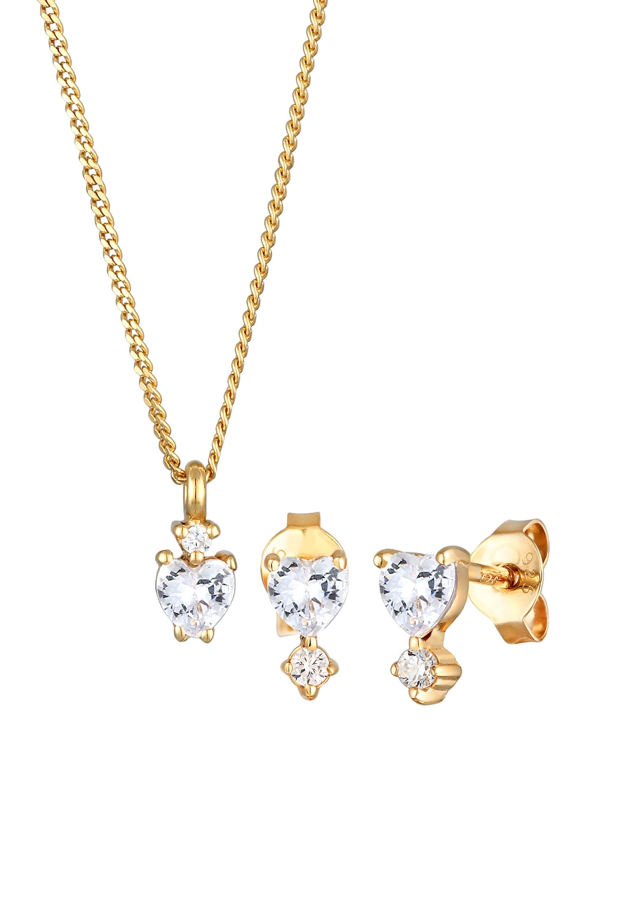 Elli Set Kette Ohrstecker Herz Zirkonia 925 Sterling Silber vergoldet Weiß Damen