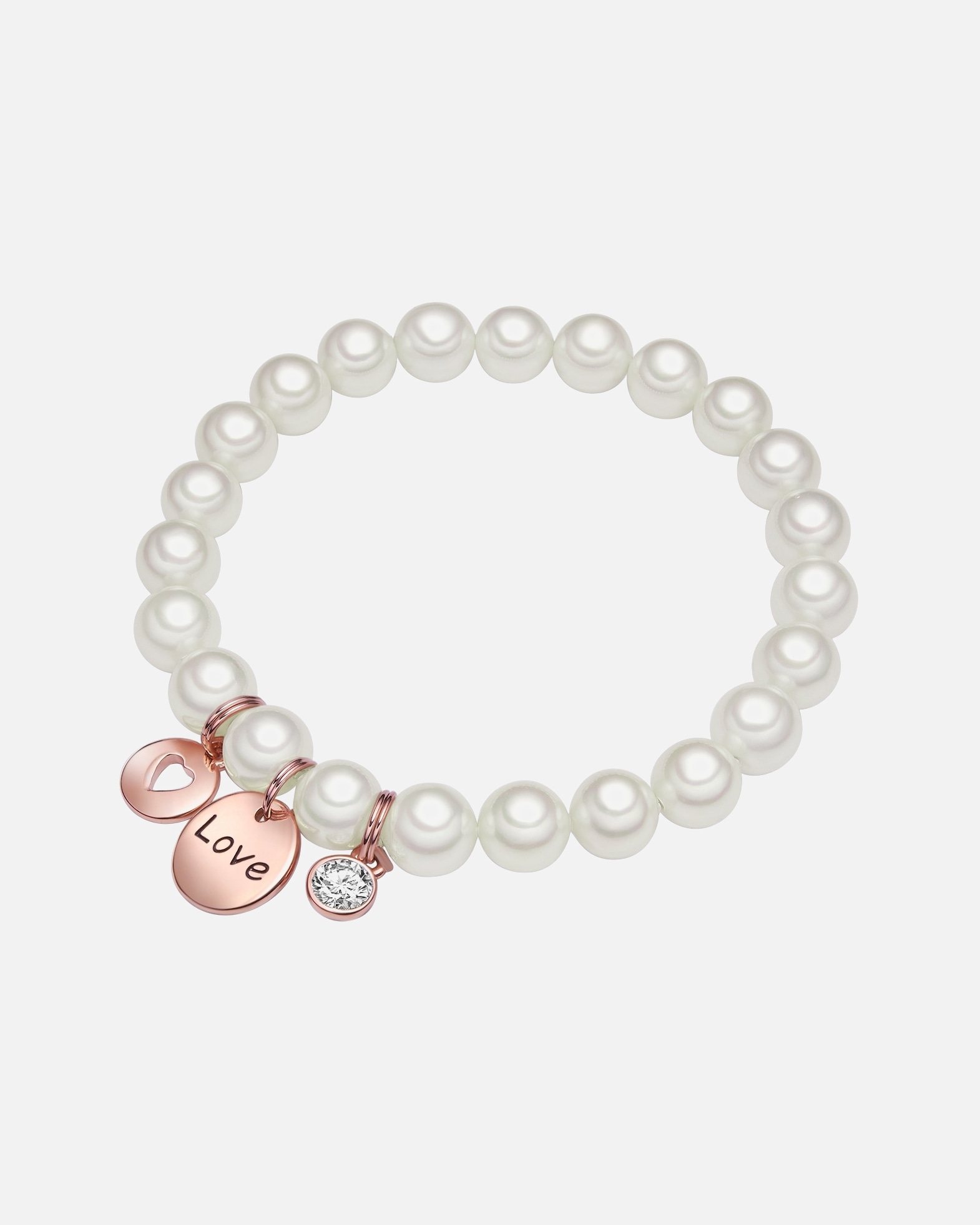 Armband für Weiblich Lulu & Jane Perlen-Armband Love aus Metall-Legierung in Roségold mit Glas und Muschelkernperle 18,0 cm