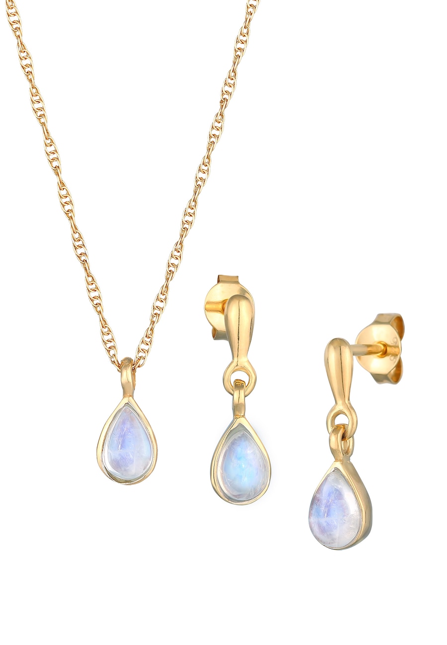 Elli PREMIUM Mondstein Tropfen Kette Ohrhänger 925 Silber golfarben Damen