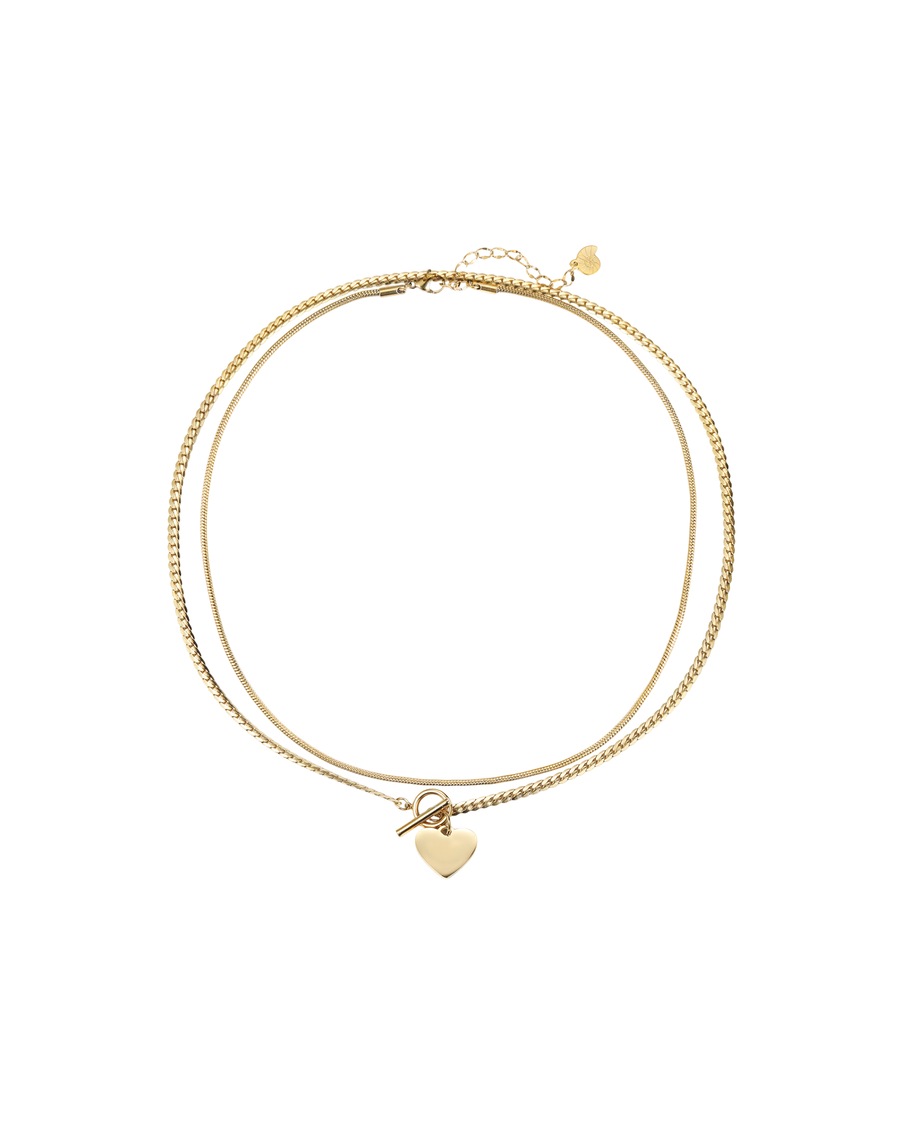 Hey Happiness 2er Ketten-Set mit Schlangenkette und Herz-Anhänger - Edelstahl Gold Damen
