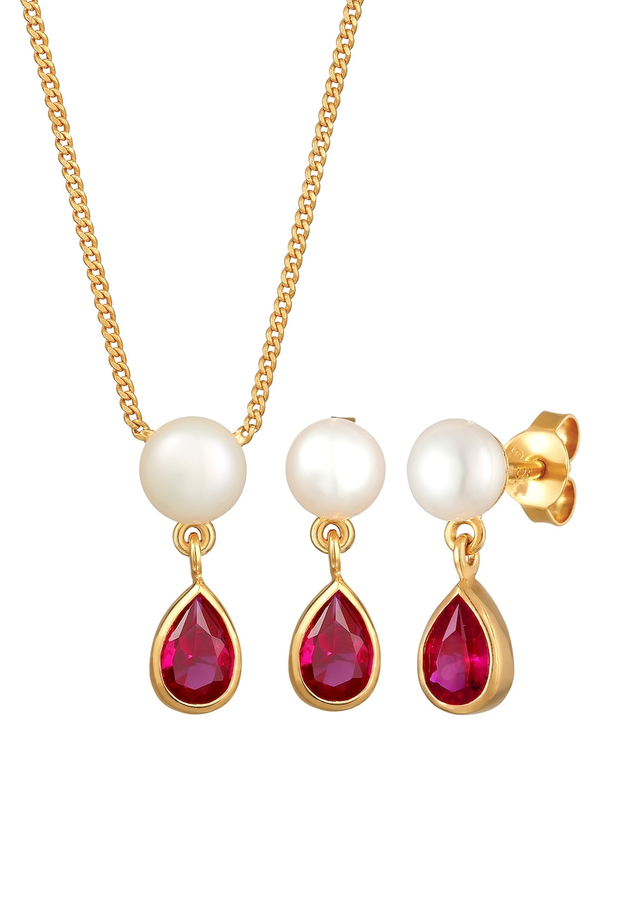 Elli PREMIUM Süßwasserperlen Synthetischer Rubin 925 Silber golfarben Damen