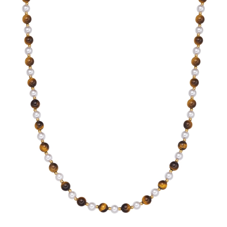 True Rebels Halskette aus Edelstahl in gelbgold mit Tigerauge Muschelkernperle 50,0 cm Basiskette + 5,0 Verlängerung Herren