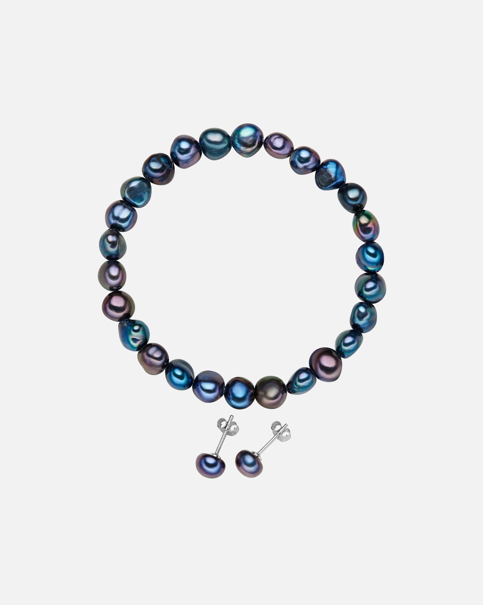 Schmuckset für Weiblich Valero Pearls 2er Set Süßwasserzuchtperlen dunkelblau Armband und Ohrstecker 7,5 mm