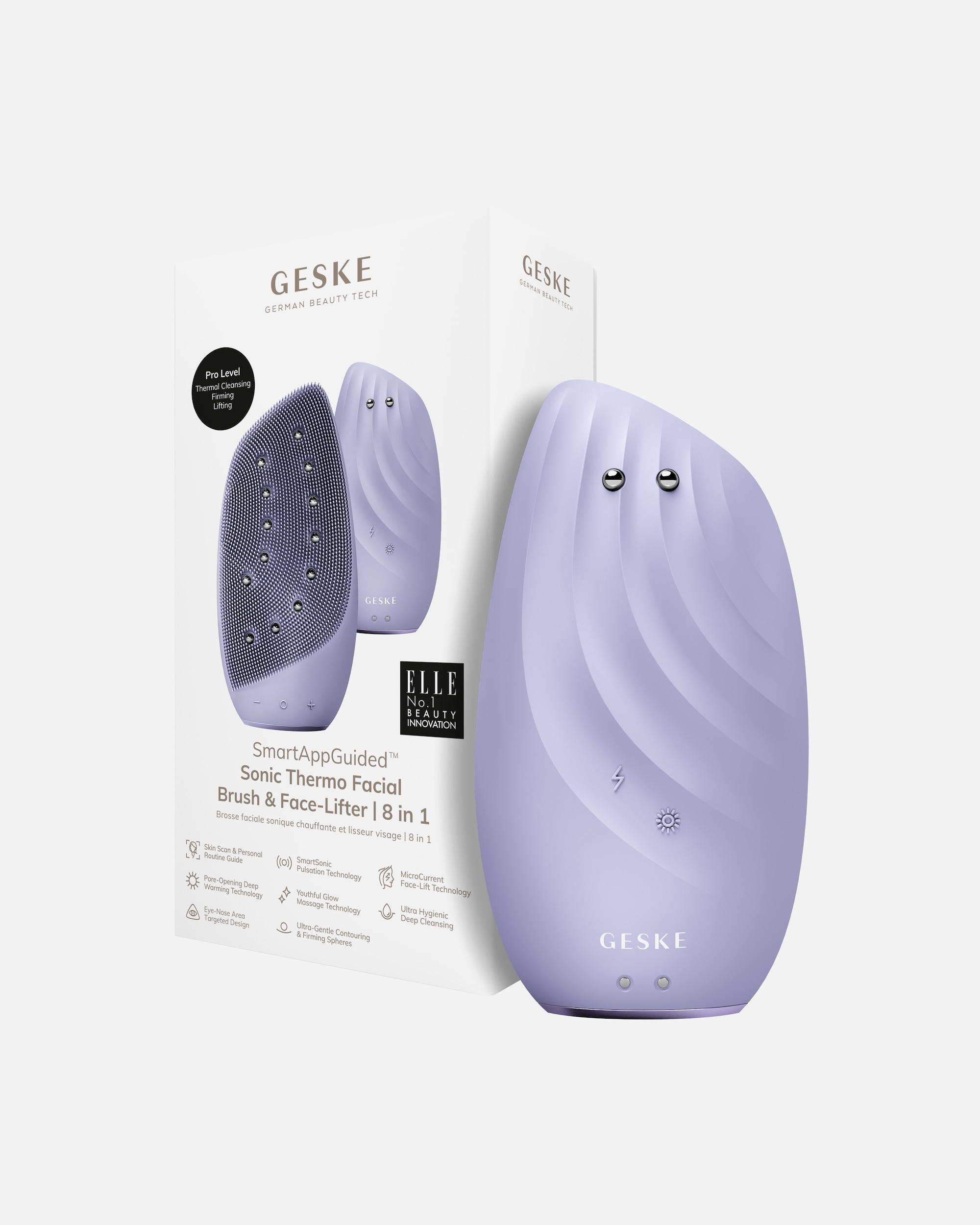 Elektrisches Gesichtsmassagegerät für Unisex Geske SmartAppGuided™ Sonic Thermo Facial Brush & Face-Lifter | 8 in 1 Purple