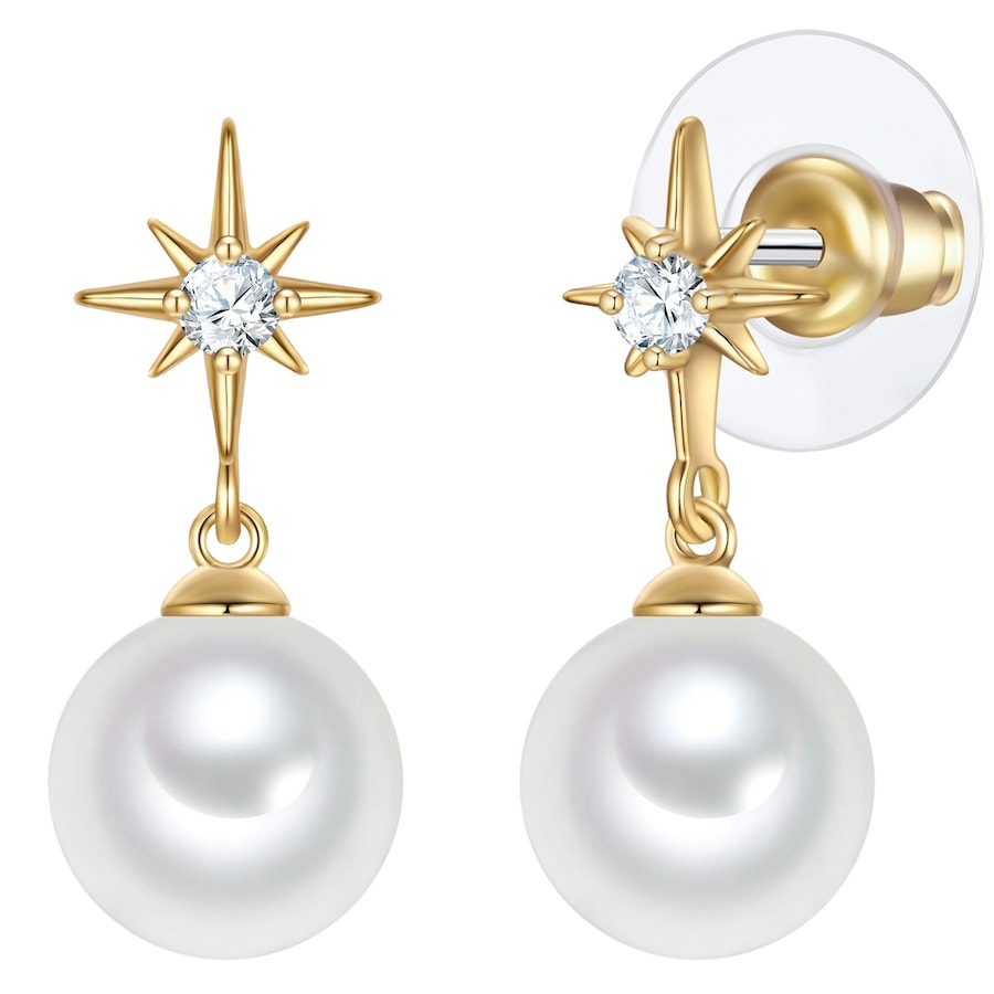 Yokoamii Ohrhänger aus Messing in Gelbgold mit Zirkonia und Muschelkernperle 24,2 mm Damen