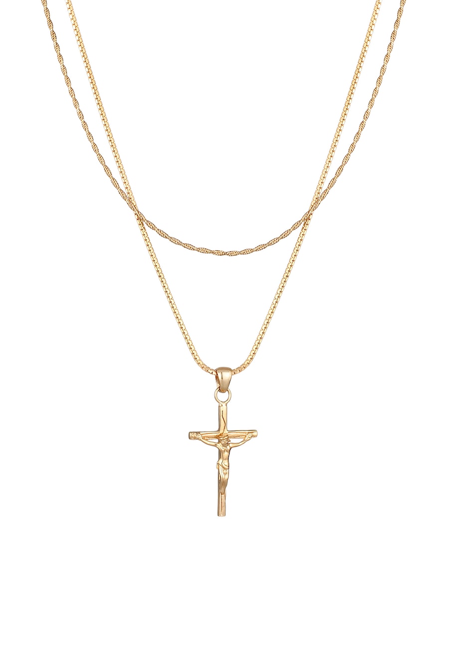 KUZZOI Layer Kreuz Kordelkette 925 Silber goldfarben Herren
