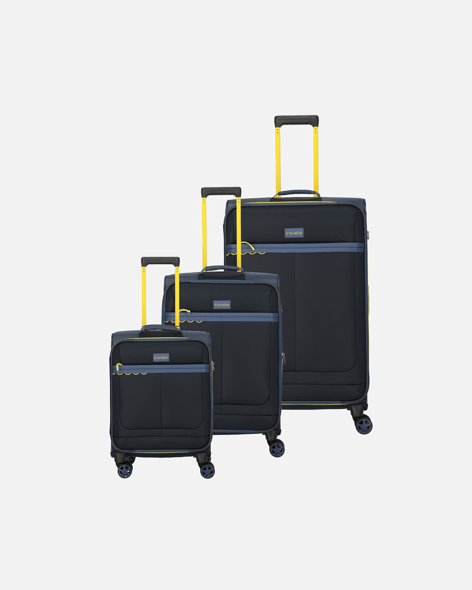 Koffer für Männlich Travelite Color Craze 4 Rollen Kofferset 3-teilig mit Dehnfalte blau
