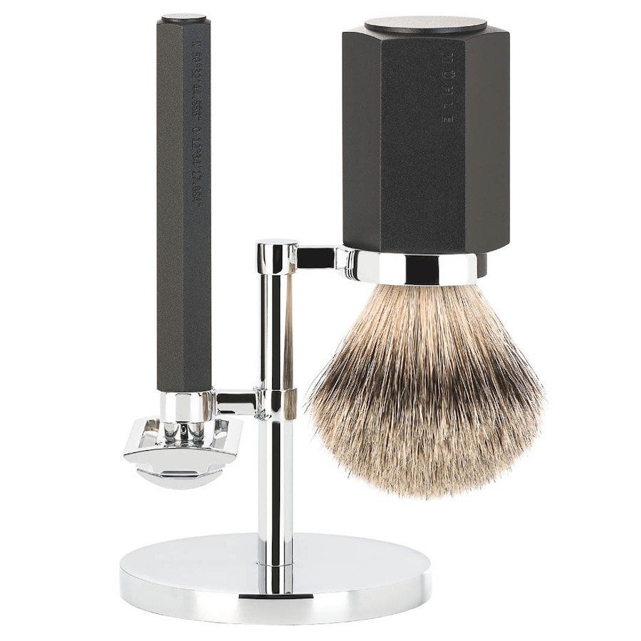 Mühle HEXAGON S091M HXG Graphite 3.tlg. Rasierset, Silberpitz Dachszupf Herren