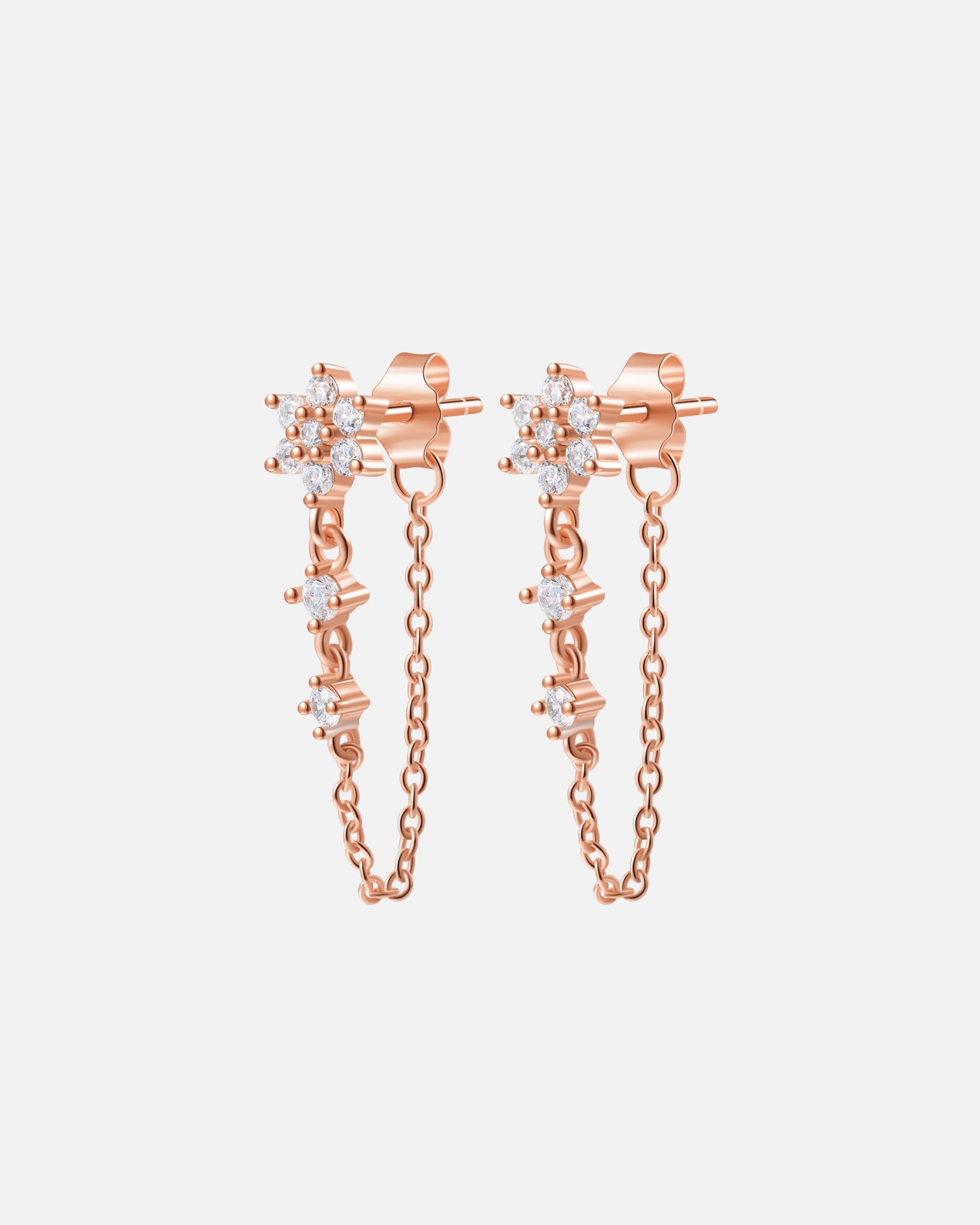 Ohrringe für Weiblich Hey Happiness Default Brand Line Funkelnde Blüte Ketten-Ohrstecker aus 925er Silber Rosegold