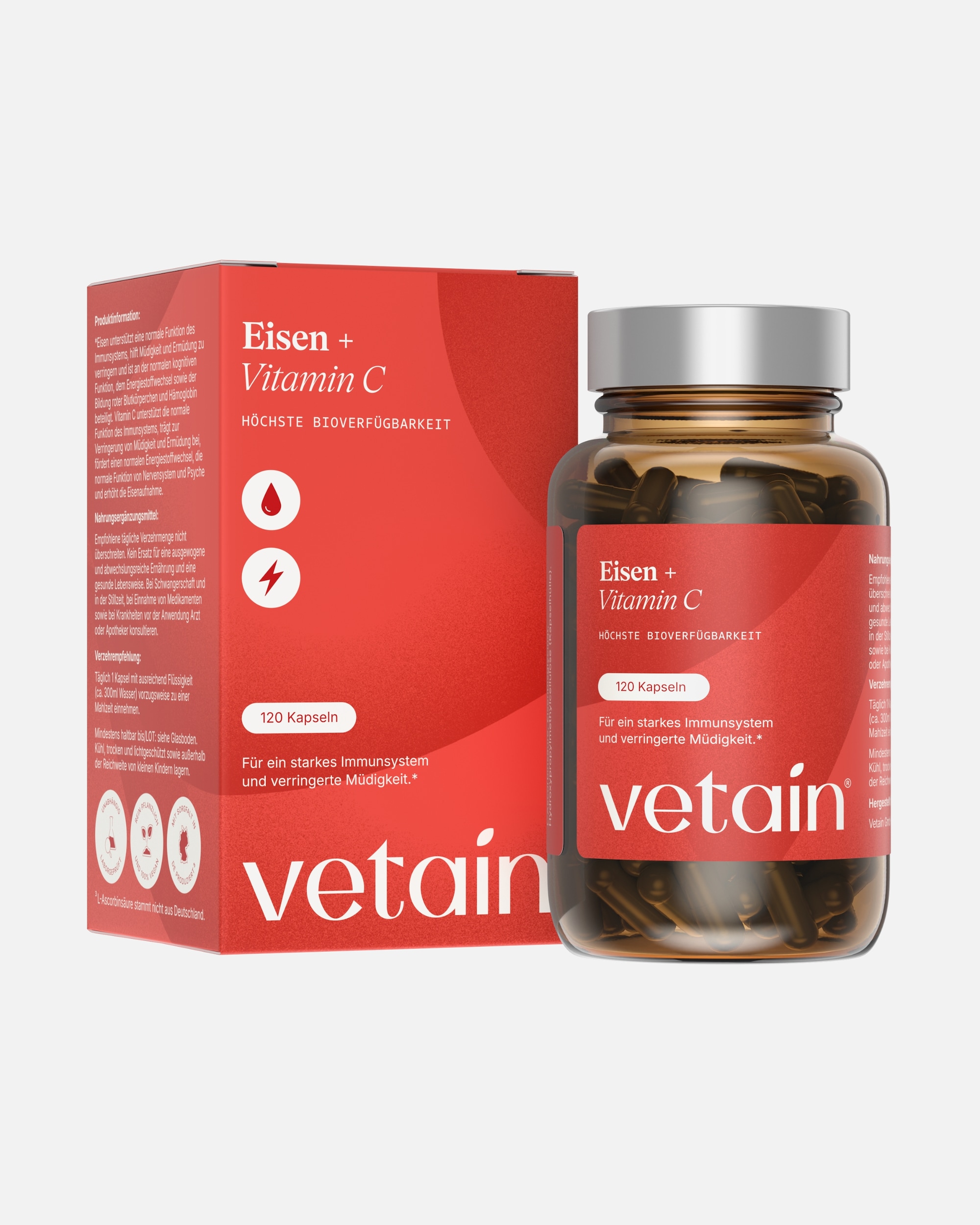 Vitamine für Weiblich Vetain Default Brand Line Eisen Vitamin C Kapseln - 45mg Eisen aus Eisenbisglycinat + 250mg Vitamin C 120 Kapseln