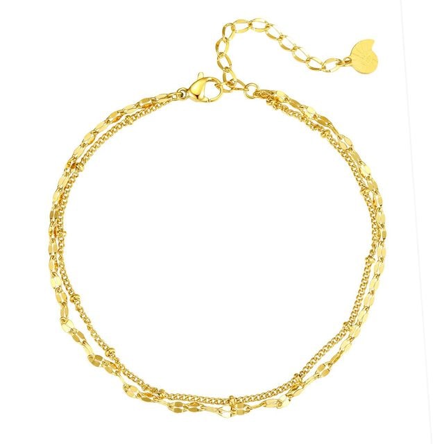 Hey Happiness Panzer und Satellite Zweireihige Fußkette aus Edelstahl Gold Damen