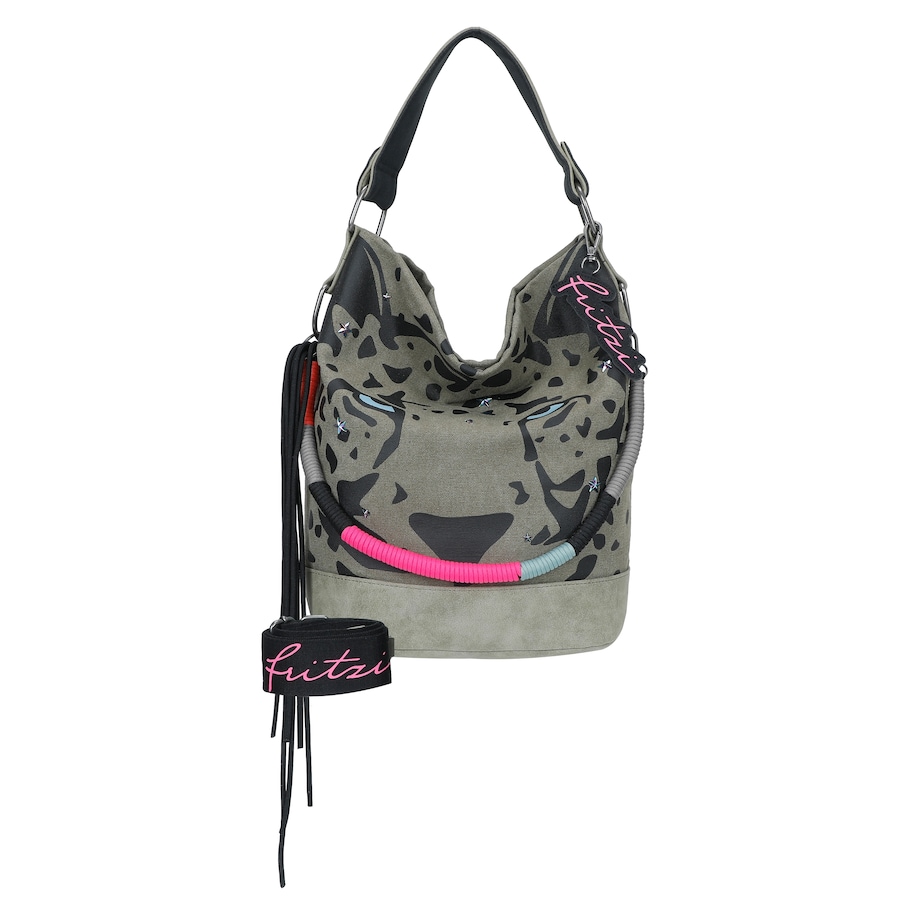 Fritzi aus Preußen Schultertasche 'Izzy07 Olga Limited Canvas Panther Spotty' mit abnehmbarem Fritzi-Anhänger schwarz Grau Damen
