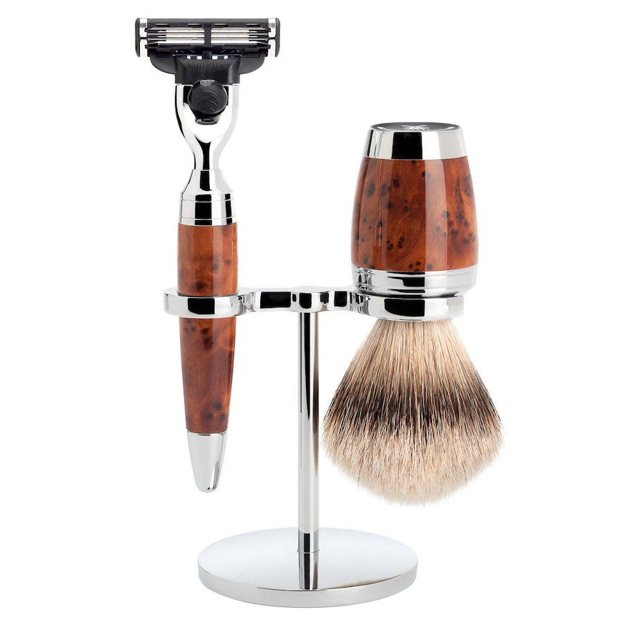 Mühle STYLO 3-teiliges Rasierset, Silberspitz Dachszupf, mit Gillette Mach3 Griffmaterial Thuja-Holz Herren