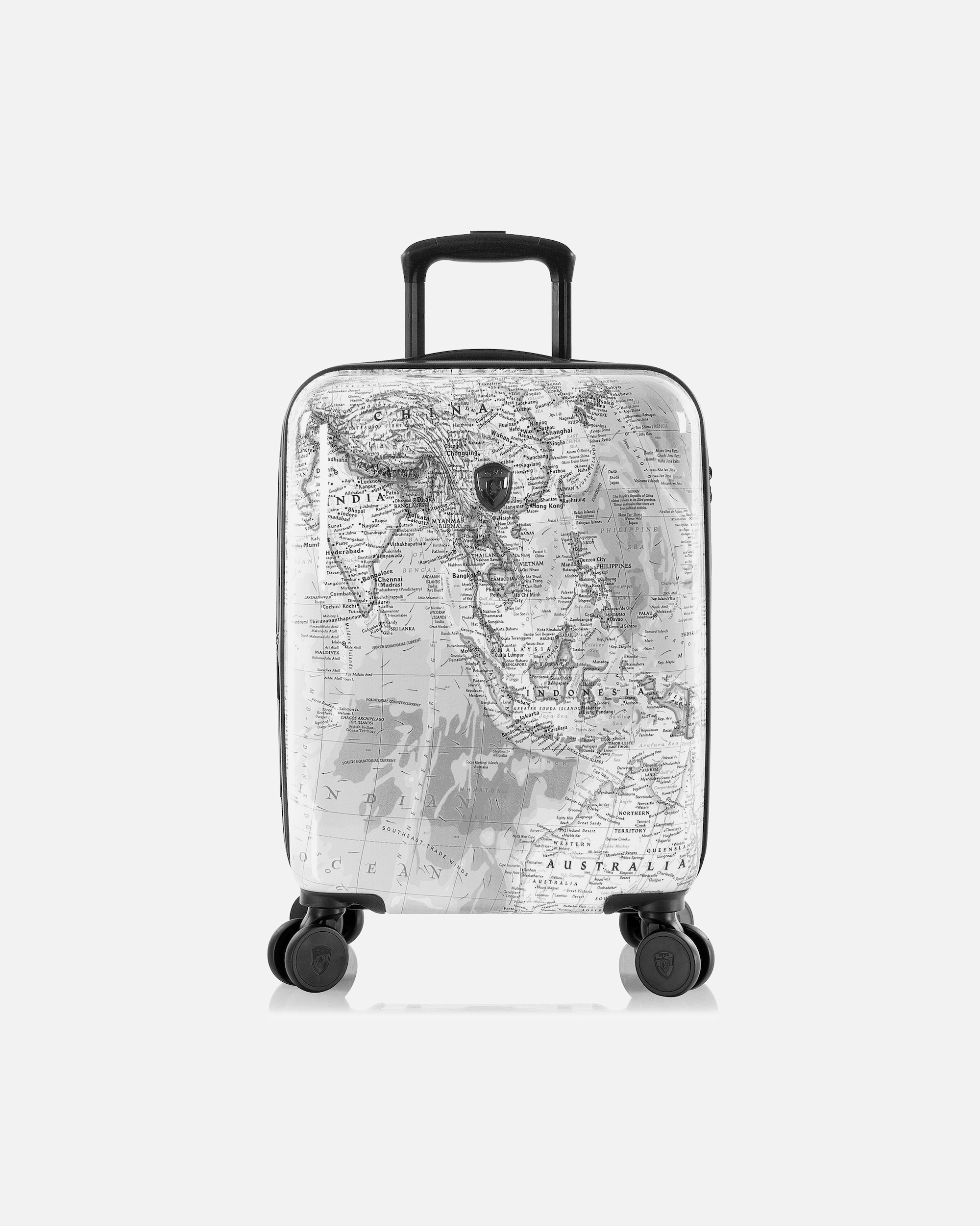 Handgepäckkoffer für Männlich Heys Black Camo 4 Rollen Kabinentrolley S 53 cm mit Dehnfalte black-white world map