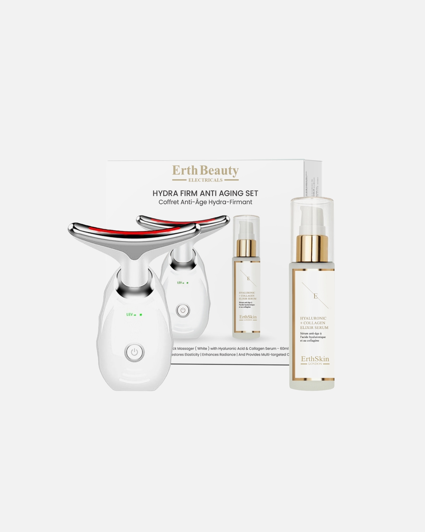 Elektrisches Gesichtsmassagegerät für Weiblich ErthSkin London Hydra Firm Anti-Aging Set (Gesichts- & Halsmassagegerät – Weiß mit HA-Serum) Each
