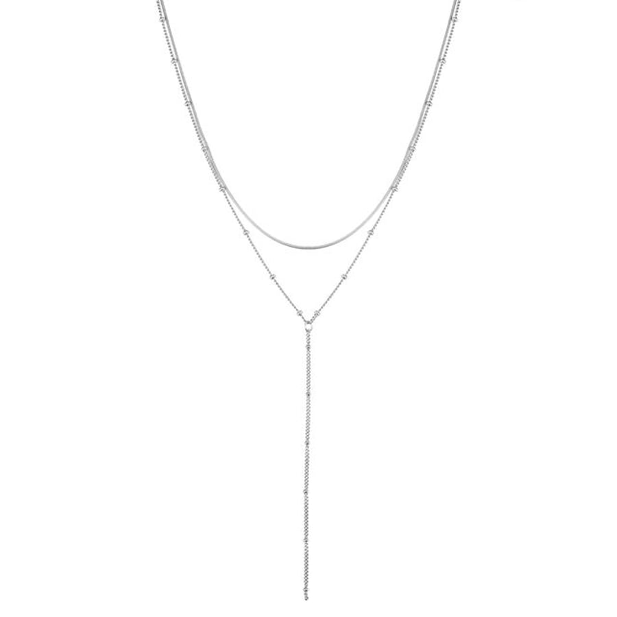 Hey Happiness Layered Y-Halskette mit Schlangen- und Satellitenkette aus Edelstahl Silber Damen