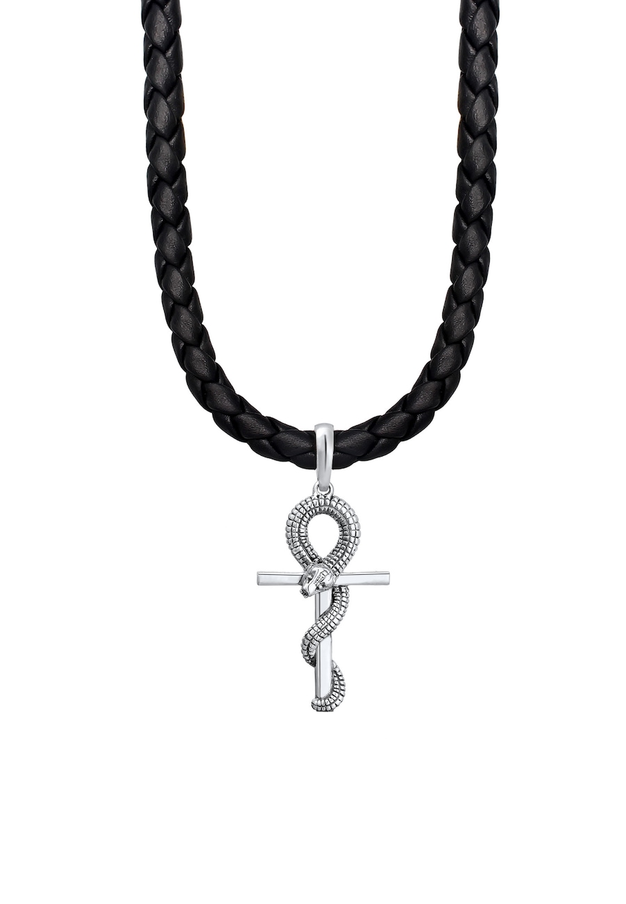 KUZZOI Herren Kreuz Schlange Leder Oxidiert 925 Silber 50