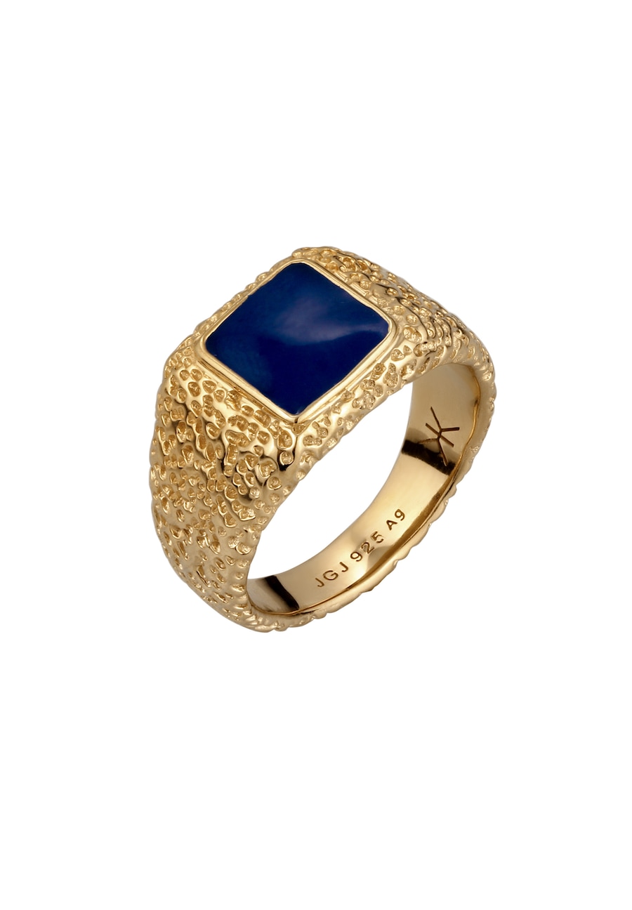 KUZZOI Siegelring Gehämmert Emaille Blau 925 Sterling Silber vergoldet 62 Herren