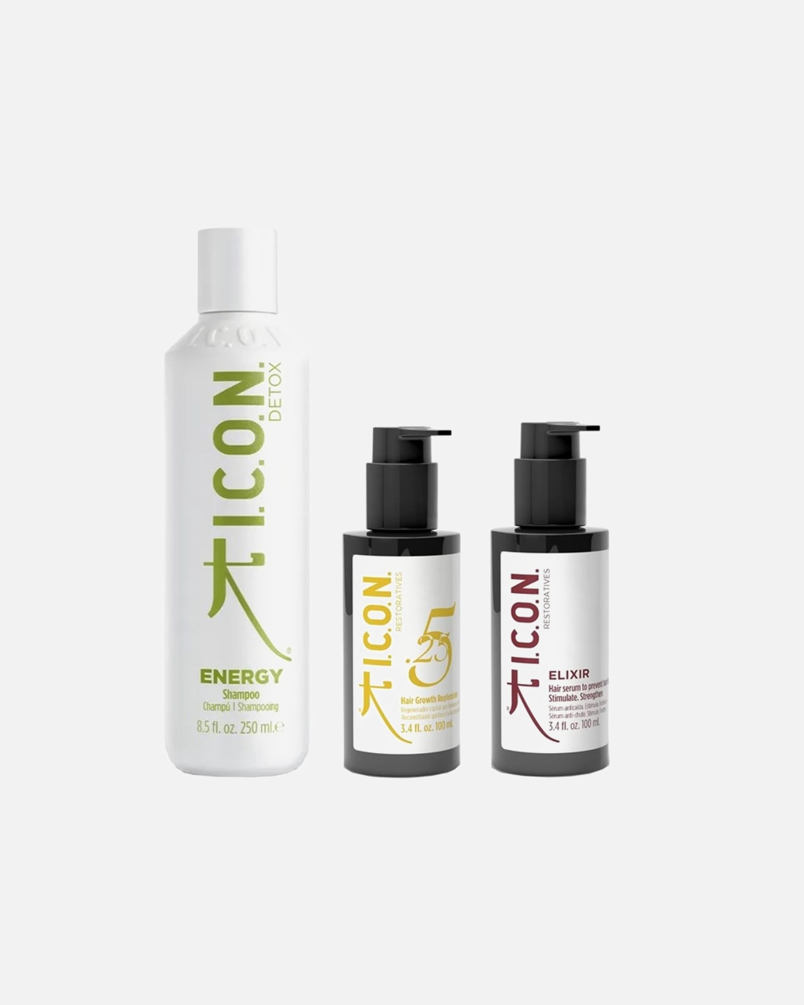 Haarpflegeset für Weiblich ICON ENERGY Shampoo + 5.25 HAIR GROWTH REPLENISHER + ELIXIR Set 1 Stück