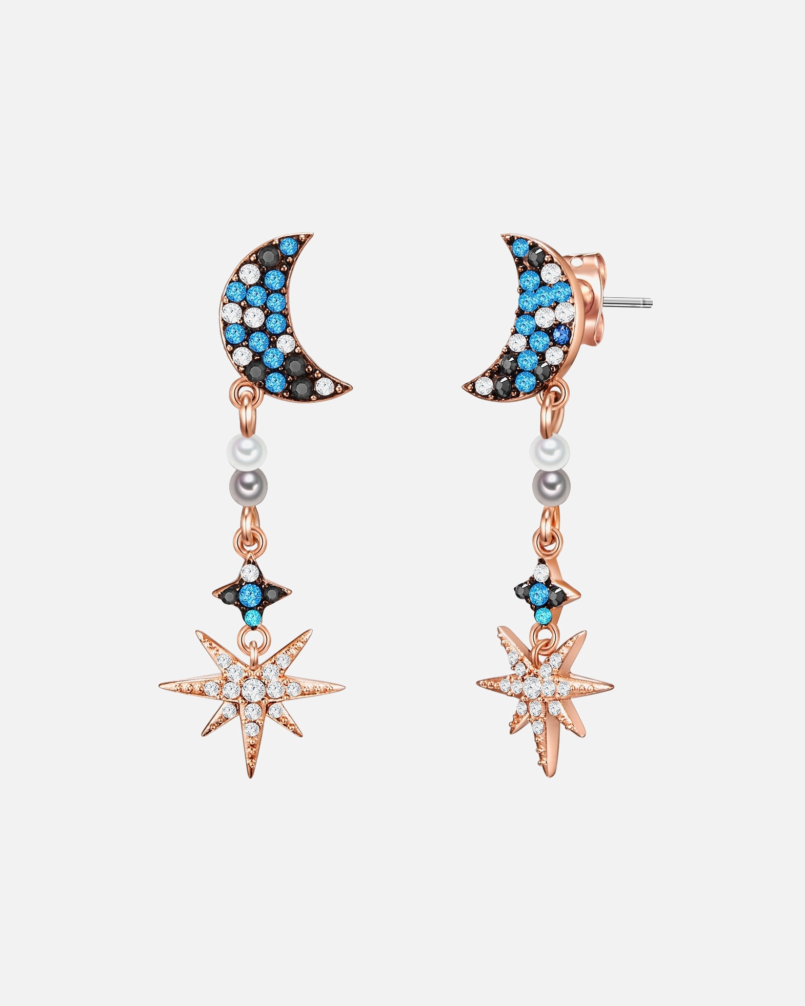 Ohrringe für Weiblich Lulu & Jane Ohrstecker Halbmond/Stern Messing verziert mit Kristallen von Swarovski® Perle (synth.) in Roségold 37,9 mm