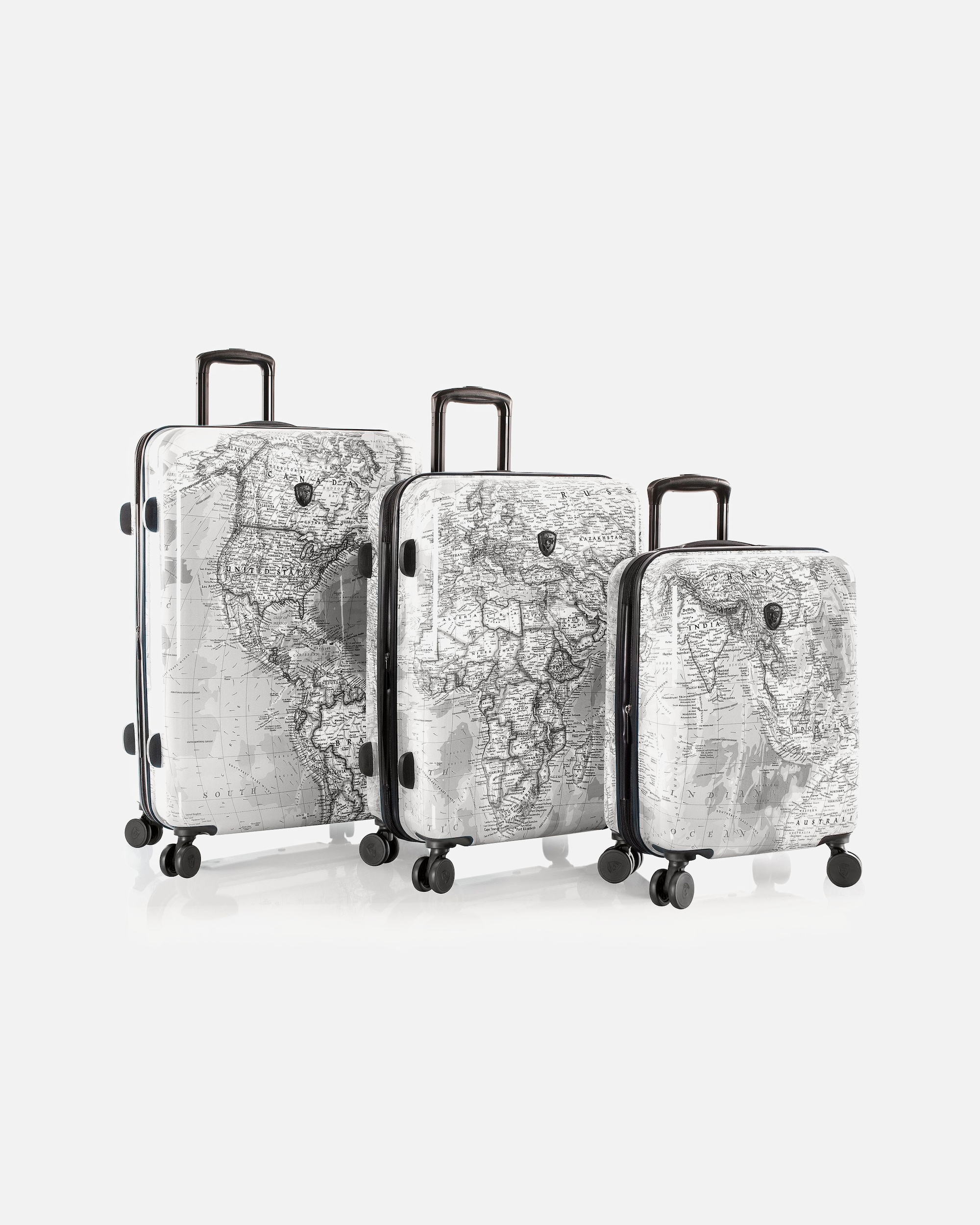 Koffer für Männlich Heys Black Camo 4 Rollen Kofferset 3-teilig mit Dehnfalte black-white world map