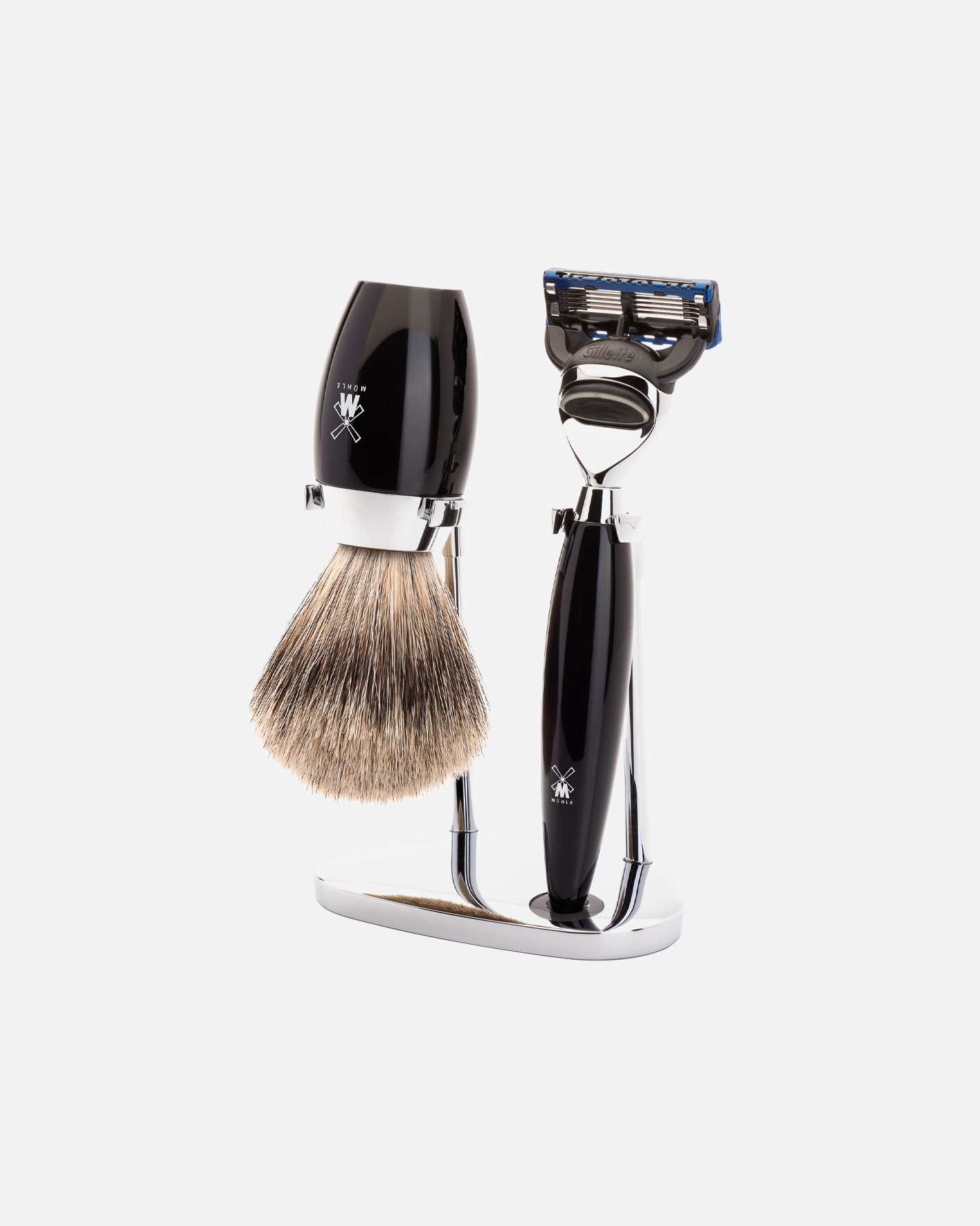 Rasierset für Männlich Mühle KOSMO 3-teiliges Rasierset, Feines Dachshaar, mit Gillette® Fusion™ Griffmaterial Edelharz schwarz