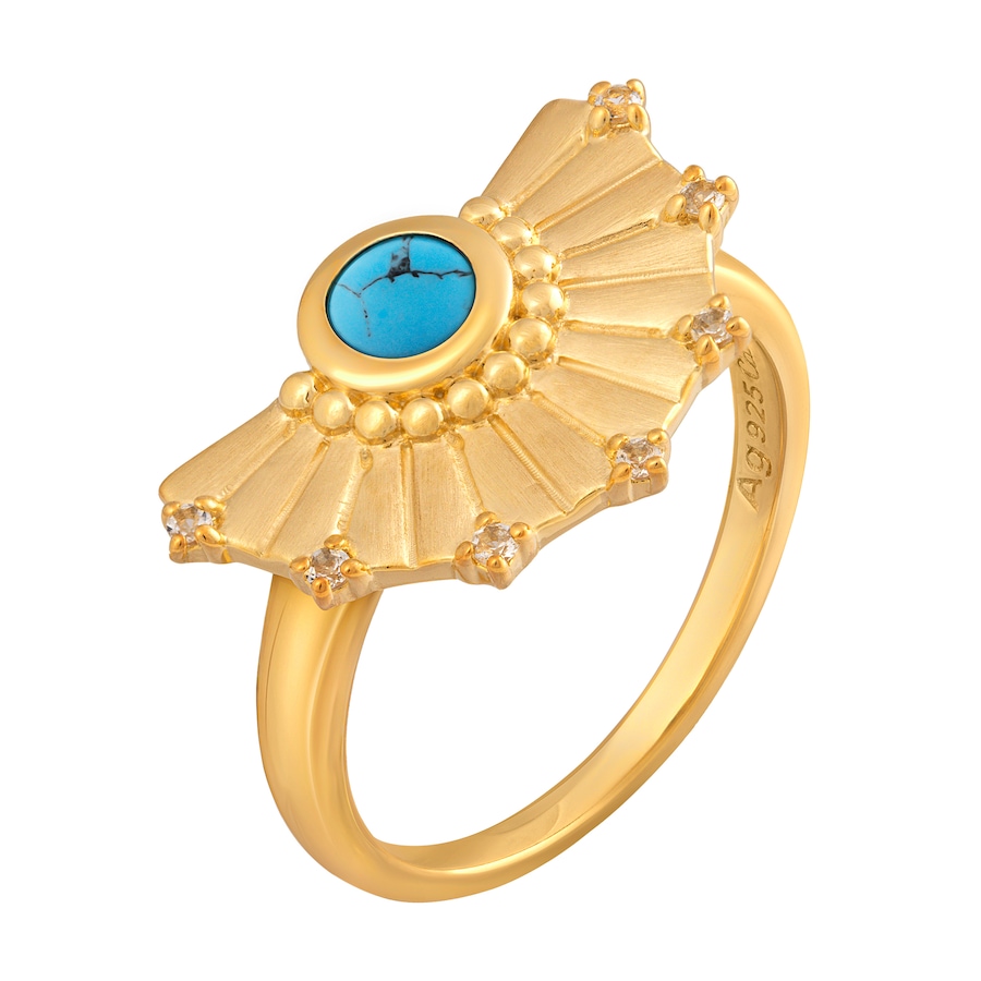 caï Ring 925 Silber vergoldet Fächer Anhänger mit Türkis & Weißtopas 925/- Sterling Opal 058 (18,5) Damen