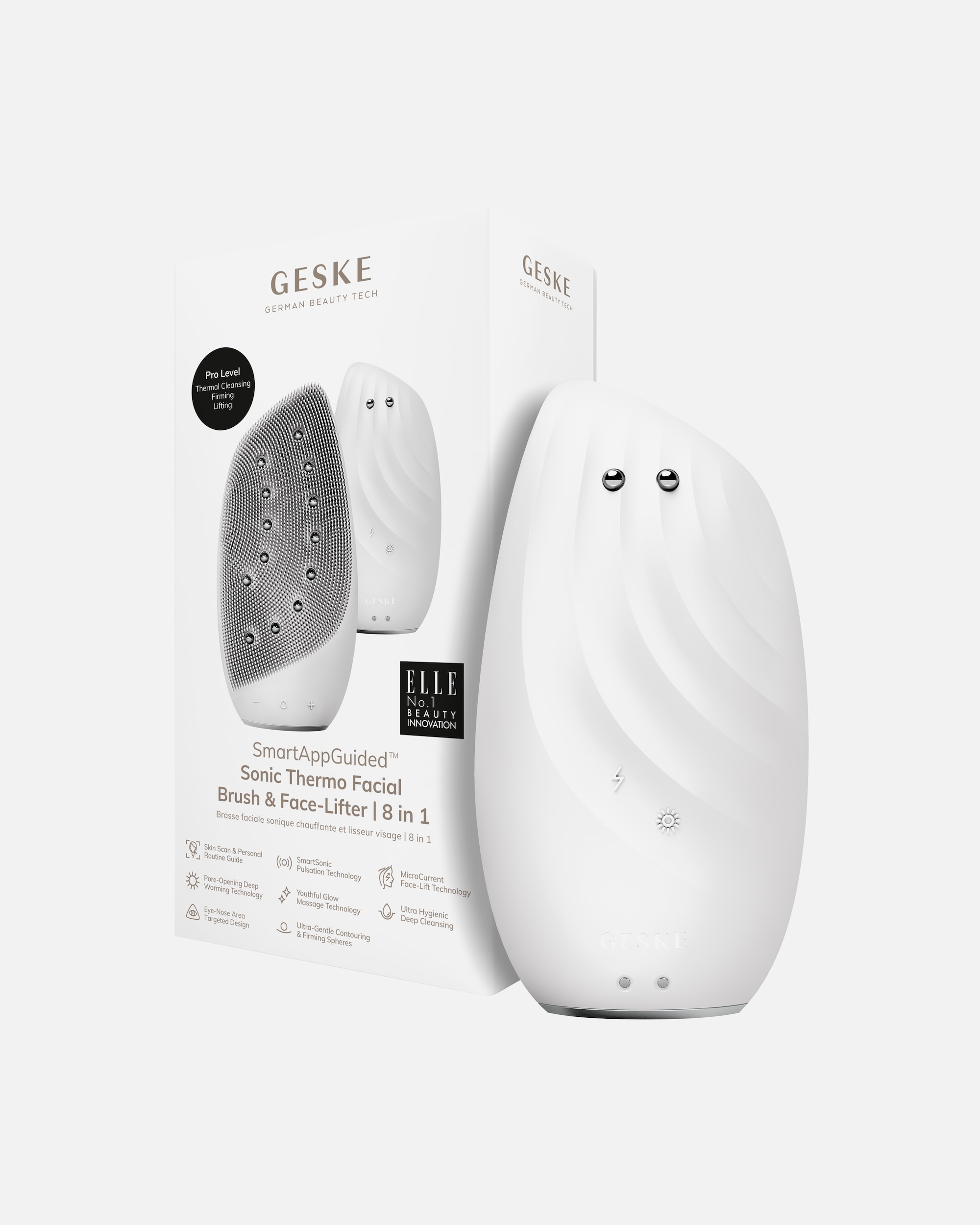 Elektrisches Gesichtsmassagegerät für Unisex Geske SmartAppGuided™ Sonic Thermo Facial Brush & Face-Lifter | 8 in 1 White
