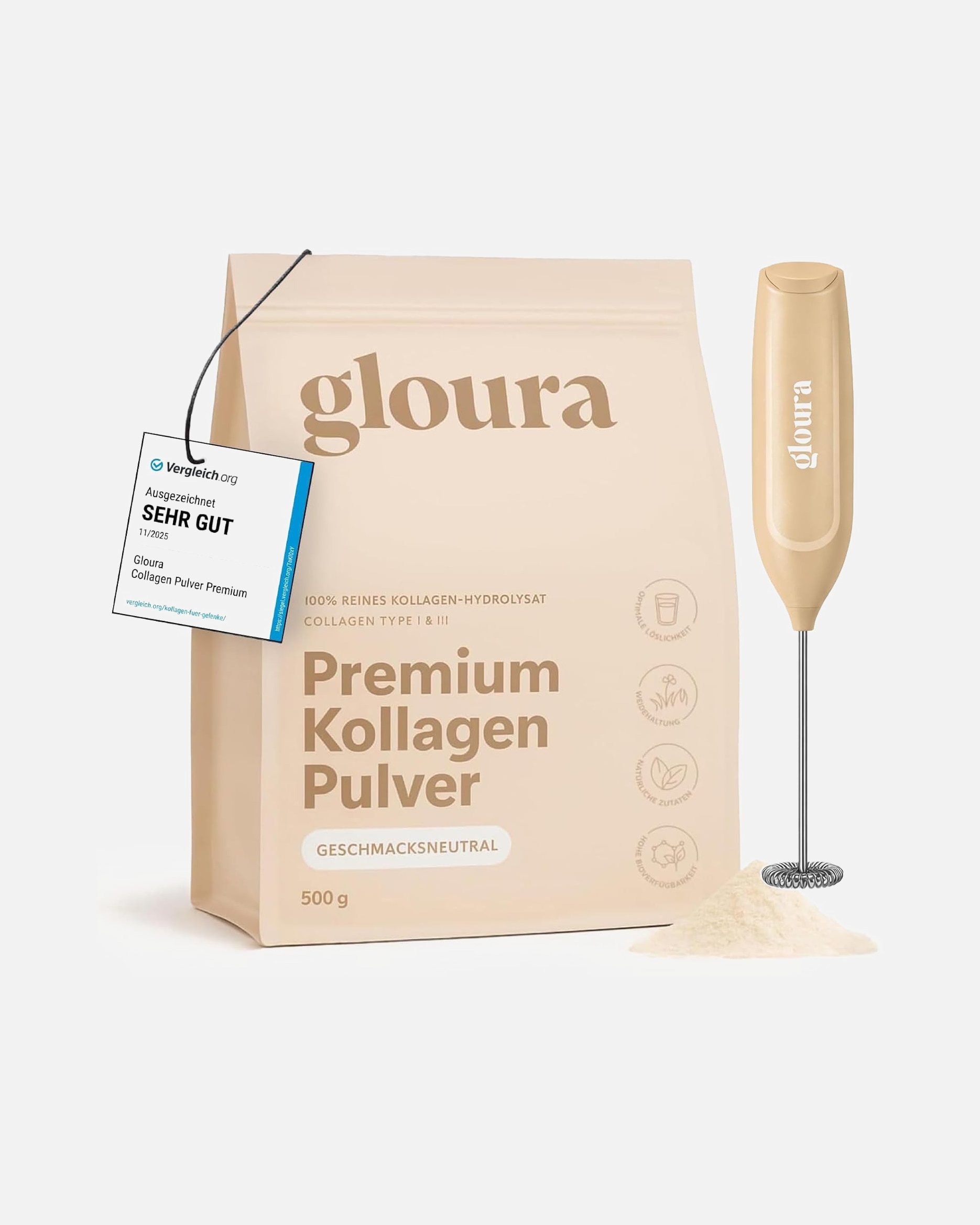 Nahrungsergänzungsmittel für Unisex Gloura Default Brand Line Premium Kollagen Hydrolysat Pulver (Typ 1 & 3) + Getränkemixer Neutral + Getränkemixer