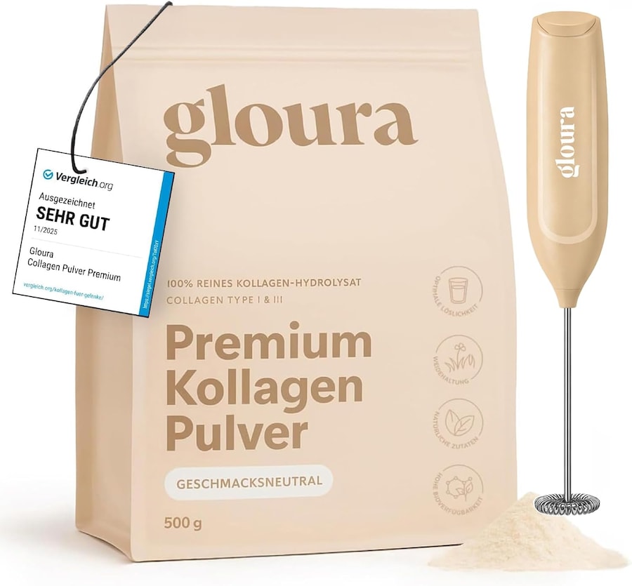 Gloura Premium Kollagen Hydrolysat Pulver (Typ 1 & 3) + Getränkemixer Neutral 500 g