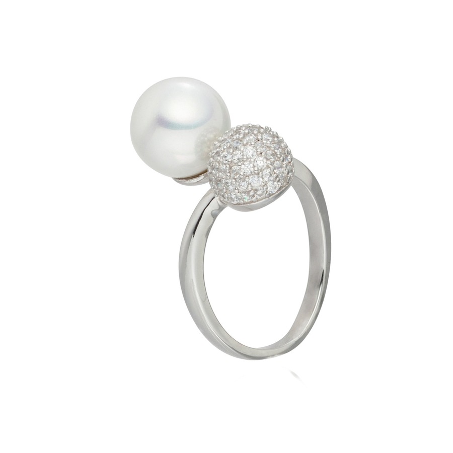 Lulu & Jane Perlen-Ring aus Messing in Silber mit Zirkonia und Muschelkernperle 50 Damen