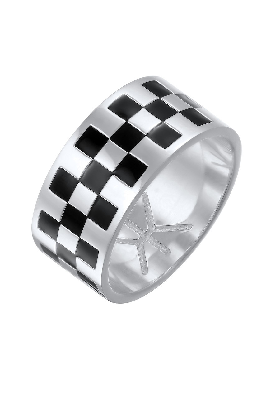 KUZZOI Bandring Schachbrettmuster Emaille 925 Sterling Silber 64 Herren