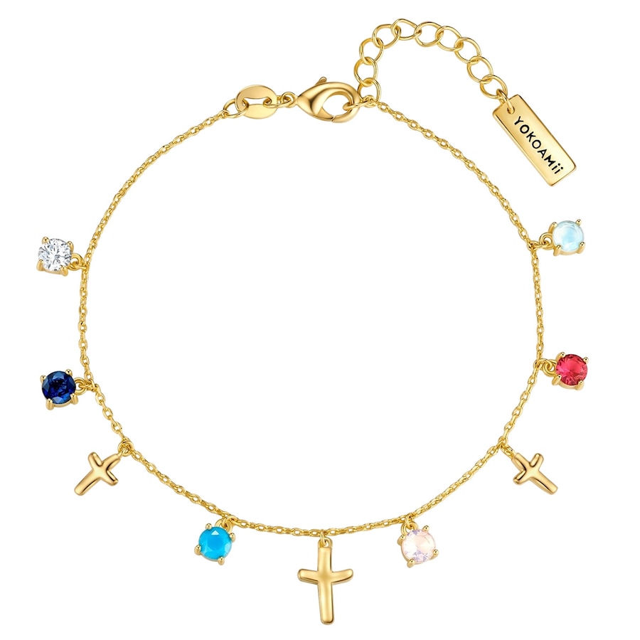 Yokoamii Armband Kreuz aus Messing in Gelbgold mit Zirkonia 17,0 cm Basislänge + 3,0 Verlängerung Damen