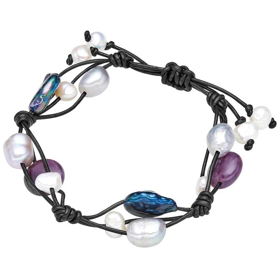 Valero Pearls Leder-Armband aus Echtleder in schwarz mit Amethyst Süßwasser-Zuchtperle 16,0 - 24,0 cm, flexibel einstellbar Damen