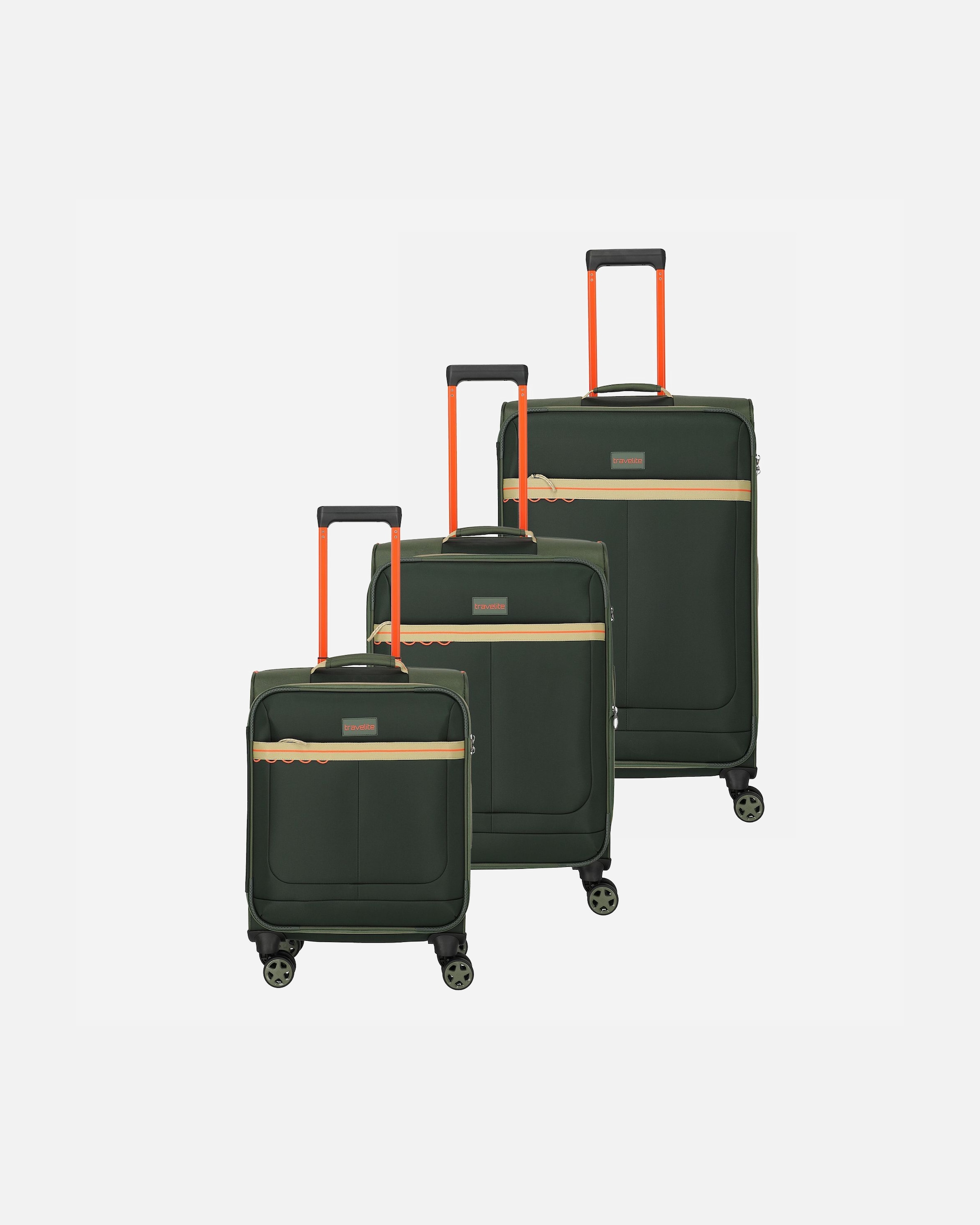 Koffer für Männlich Travelite Color Craze 4 Rollen Kofferset 3-teilig mit Dehnfalte oliv