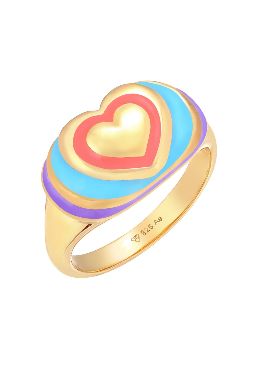 Elli Ring Siegelring Herz Emaille Bunt 925 Silber vergoldet 52 Damen
