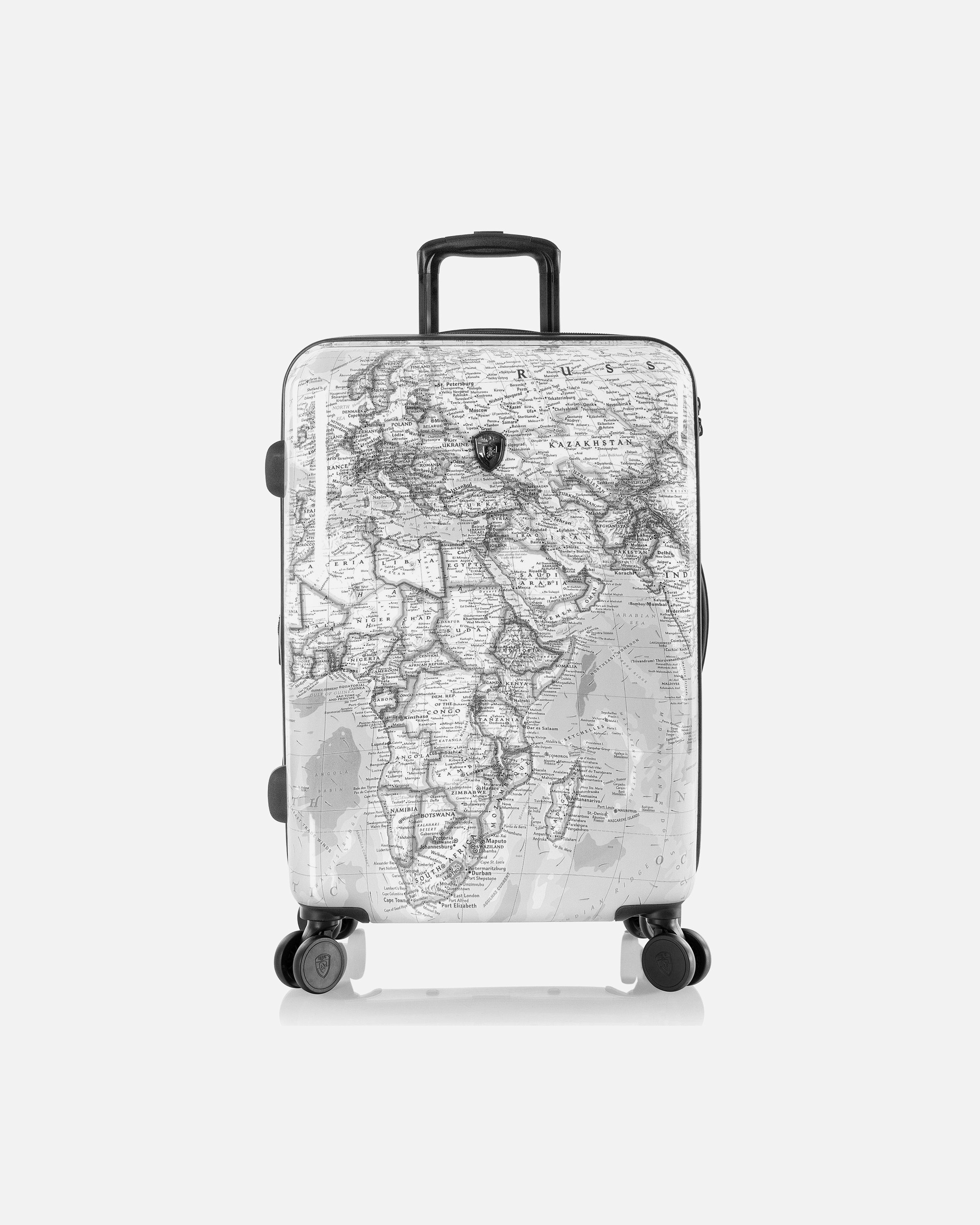 Koffer für Männlich Heys Black Camo 4 Rollen Trolley M 66 cm mit Dehnfalte black-white world map