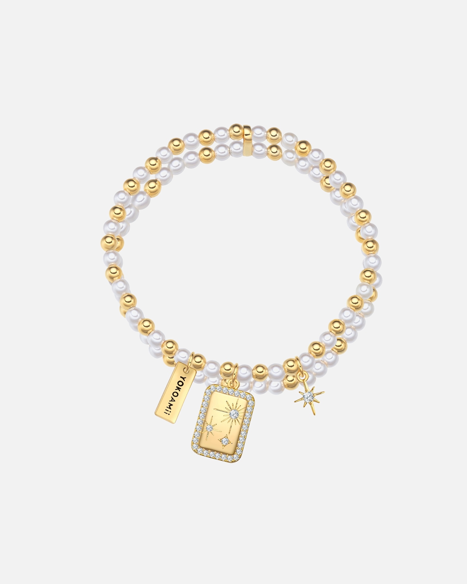 Armband für Weiblich Yokoamii Perlen-Armband Sterne aus Messing in Gelbgold mit Zirkonia und Perle (synth.) 16,0 - 21,0 cm, flexibel einstellbar