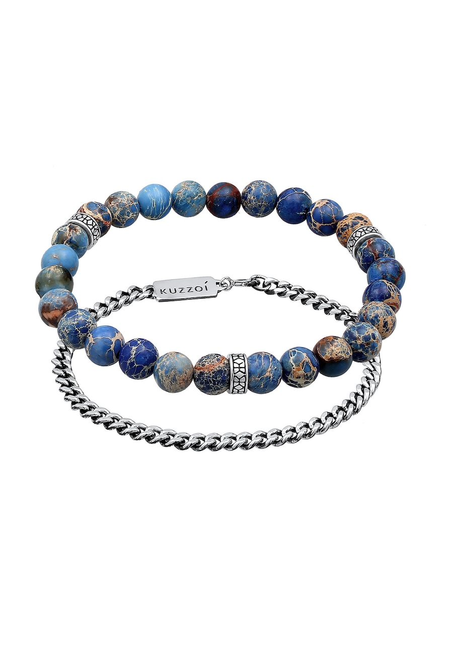 KUZZOI Herren Achat Blau Panzerkette 2er Set 925 Silber 21
