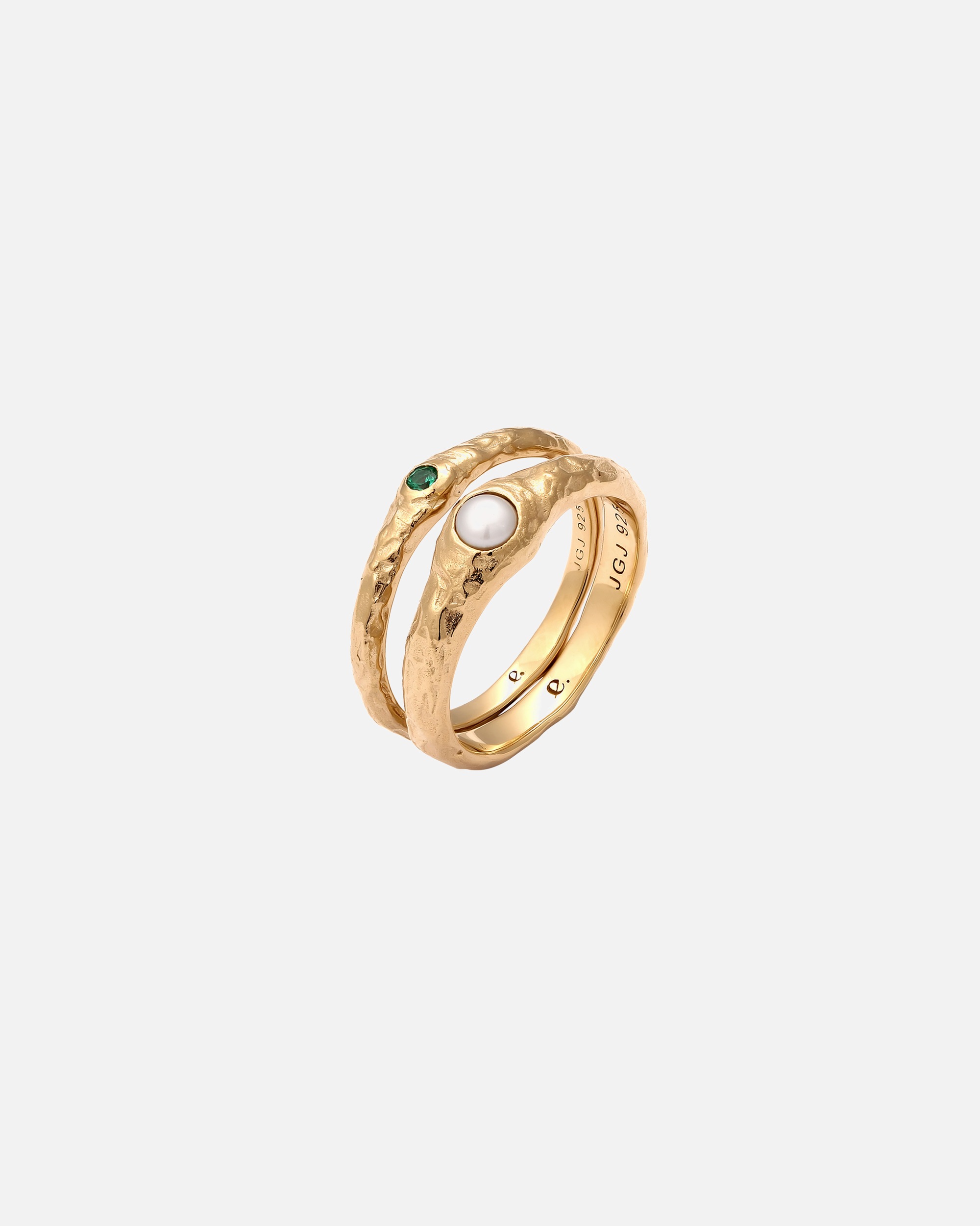 Ring für Weiblich Elli PREMIUM Set mit Perle Synthetischer Smaragd Grün 925 Sterling Silber vergoldet 52