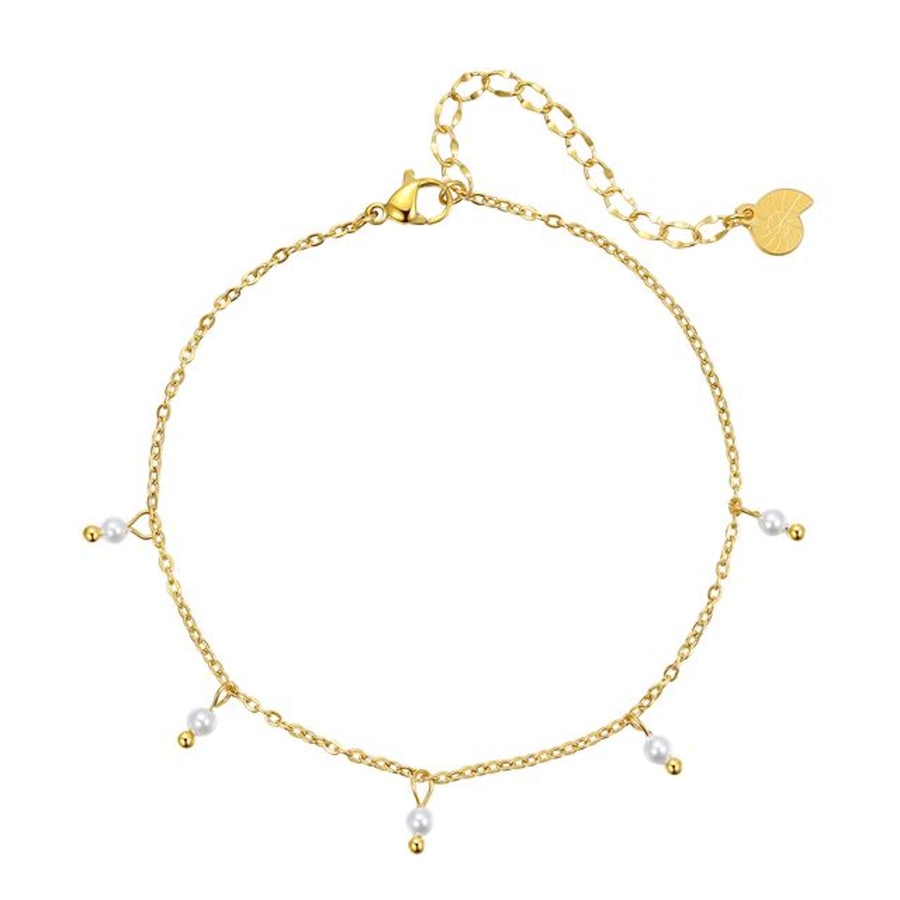 Hey Happiness Fußkette mit Hängenden Perlen, aus Edelstahl Gold Damen