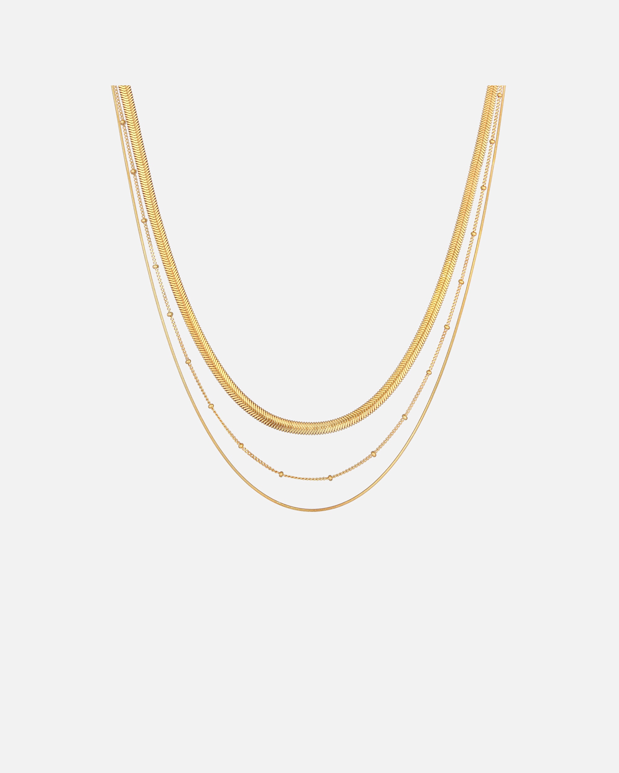 Halskette für Weiblich Elli PREMIUM Layer 3-reihig Flach Rund Kugelkette 925 Silber goldfarben