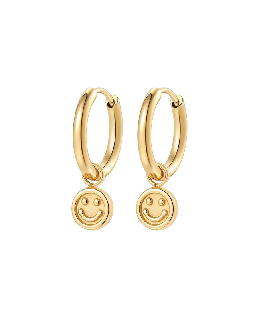 Hey Happiness Smiley Charm Creolen – Hoop Ohrringe, wasserfest Gold Hellbraun Damen