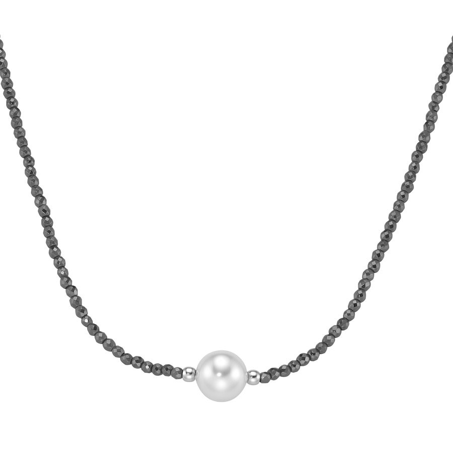 Smart Jewel Collier mit Edelstein-Kugeln + Muschelkern-Perle, Silber 925 Grau