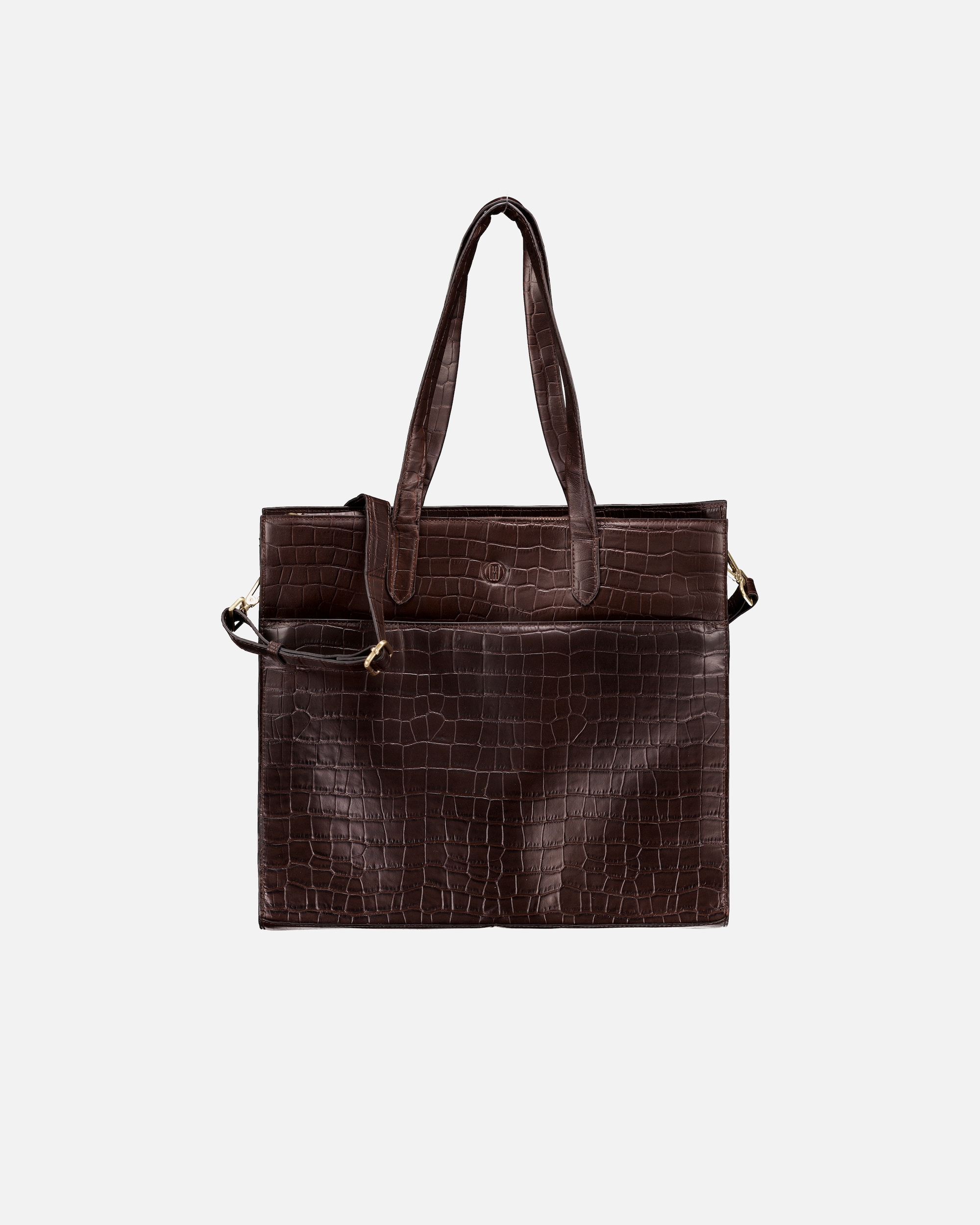 Shopper für Weiblich Hausfelder Manufaktur Shopper Kroko mit Laptopfach 15 Zoll Dark Brown