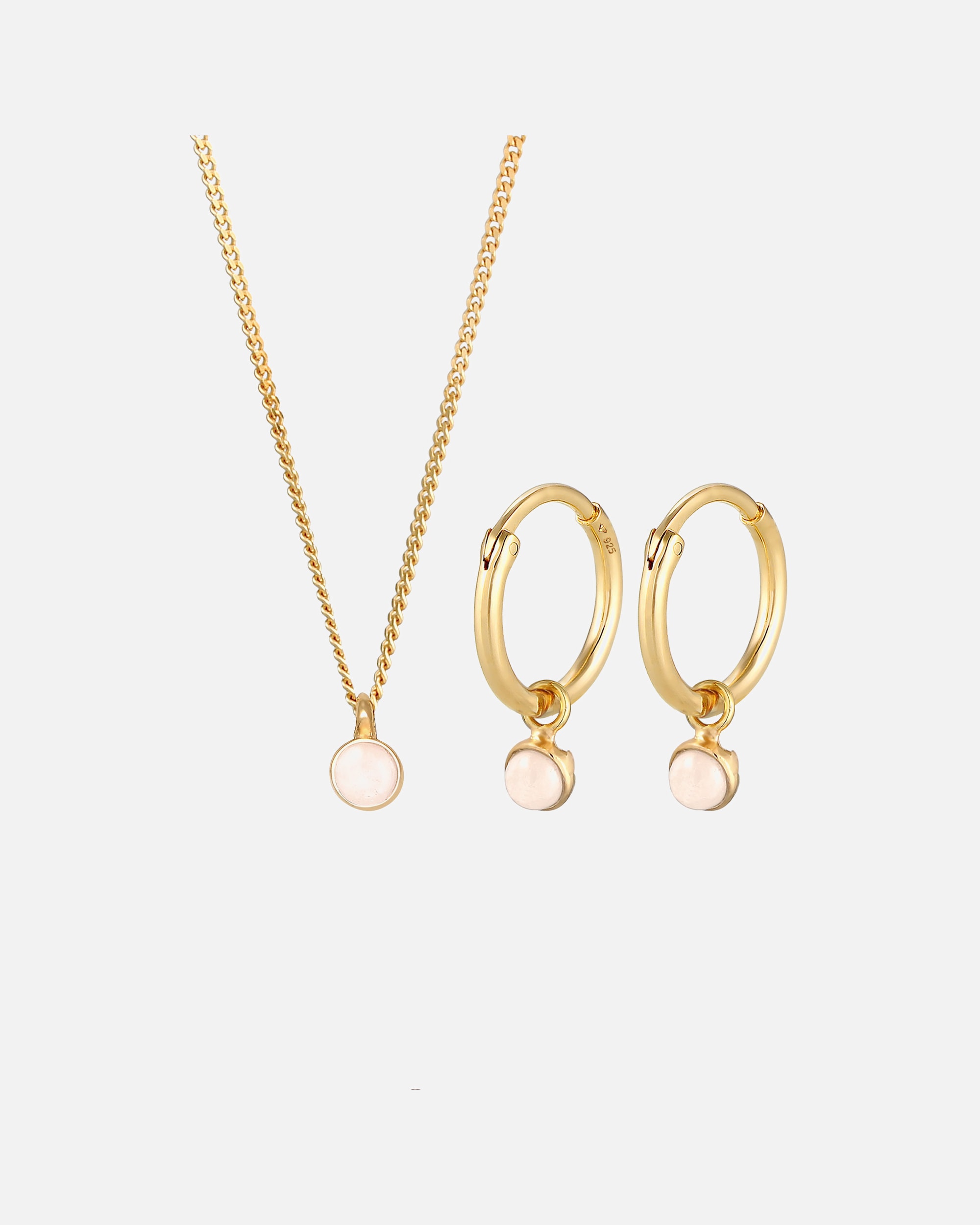 Schmuckset für Weiblich Elli PREMIUM Kette Creolen Rosa Quarz Stein 925 Silber golfarben