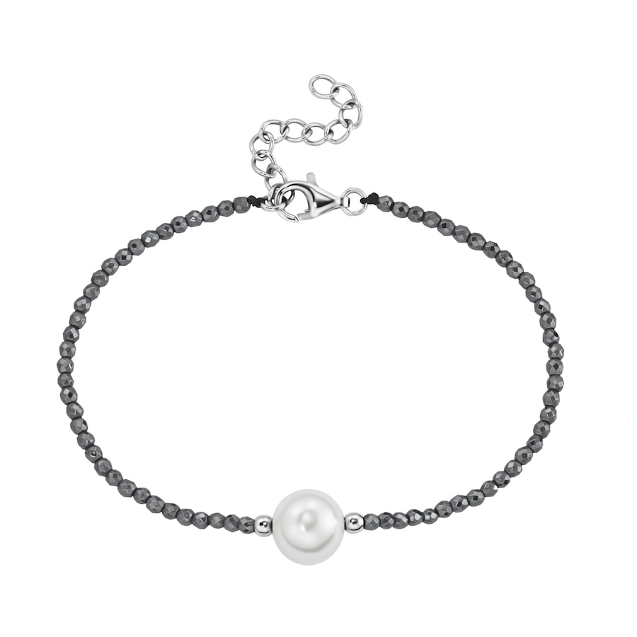 Smart Jewel Armband mit Edelstein-Kugeln + Muschelkern-Perle, Silber 925 Grau